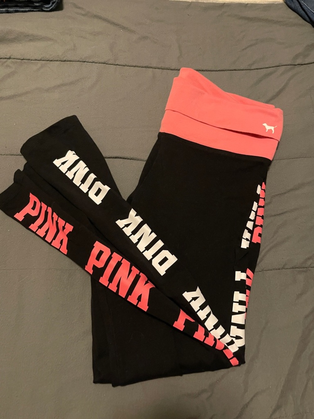 PINK Victoria's Secret Black Leggings with Coral Fold-Over Waistband